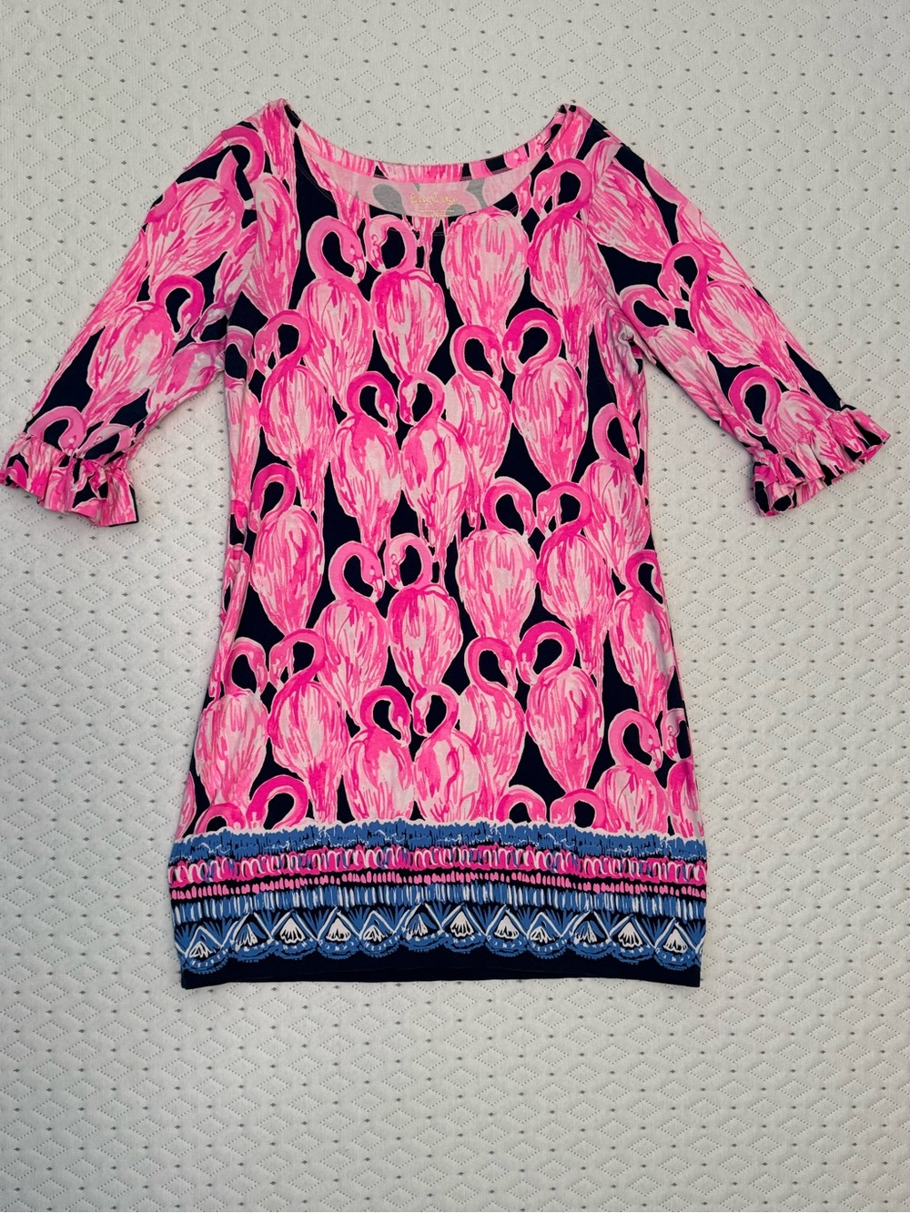 Lilly Pulitzer Hot Pink & Dark Navy Flamingo Print midi dress
